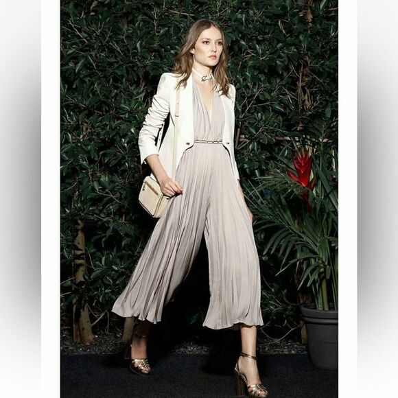 Halston Heritage Halter Pleated Wide Leg Jumpsuit Atmosphere Beige. - Picture 1 of 13